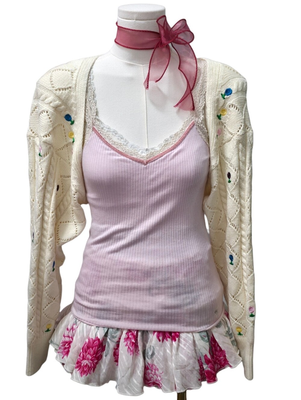 Raga soft stretchy cream knit embroidered flowers bolero shrug